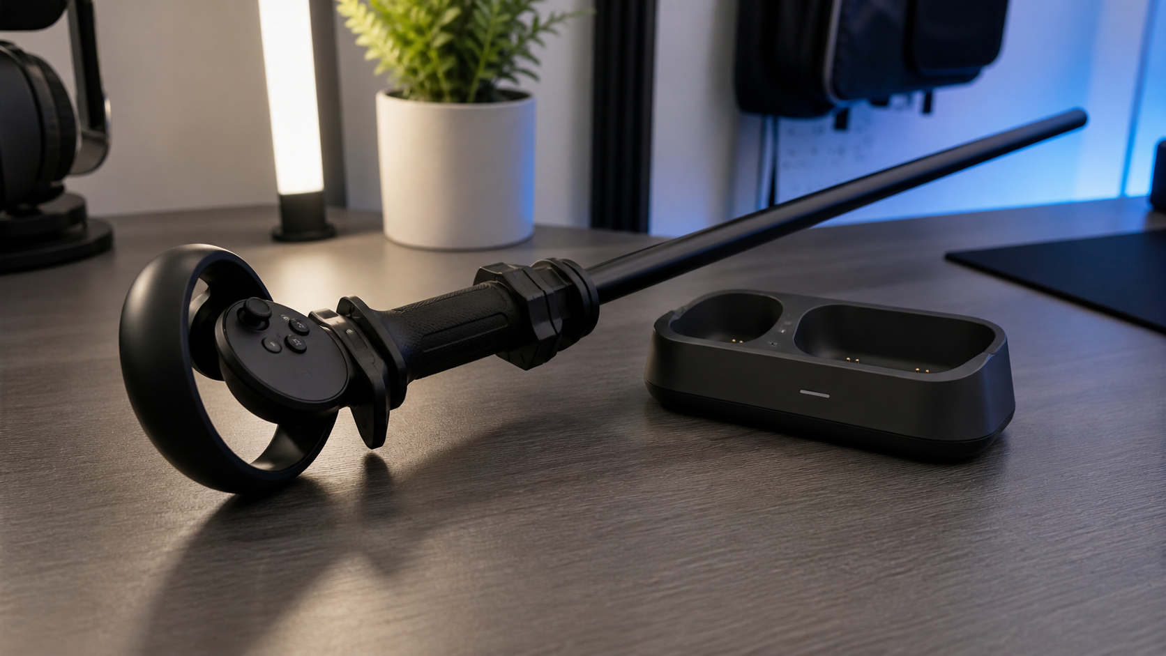 A Quest Pro controller with a long VR Sword attachment resting awkwardly on a desk, unable to fit in its charging dock.
