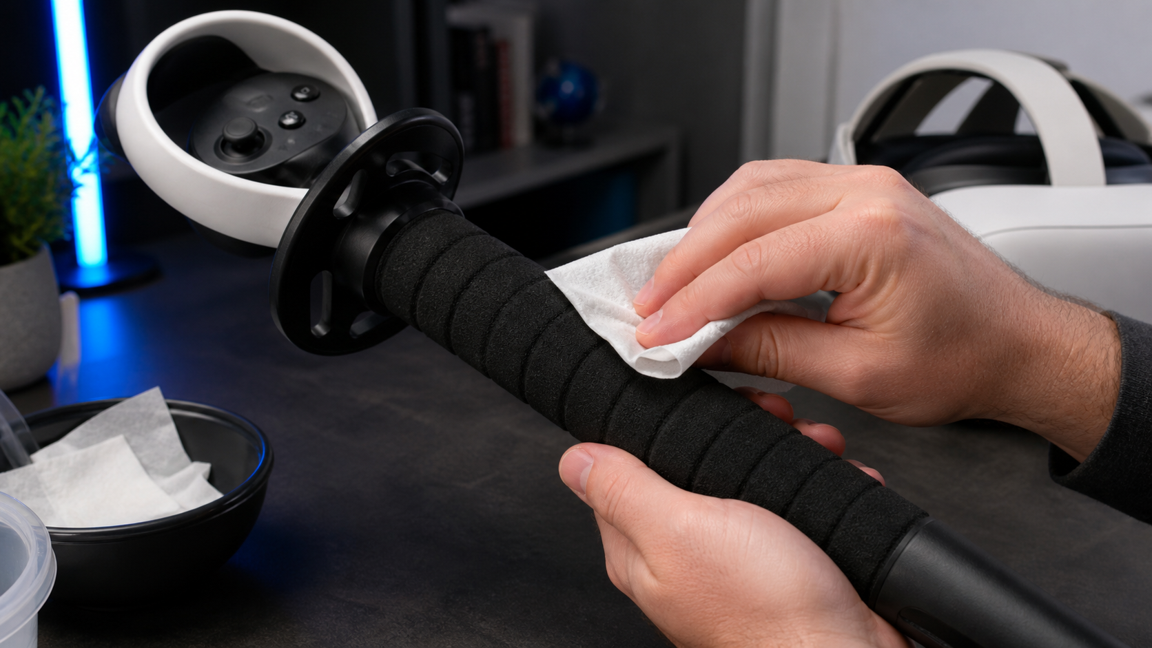 A hand carefully wipes the grip of a VR Sword accessory with a sanitizing wipe after a long gaming session.