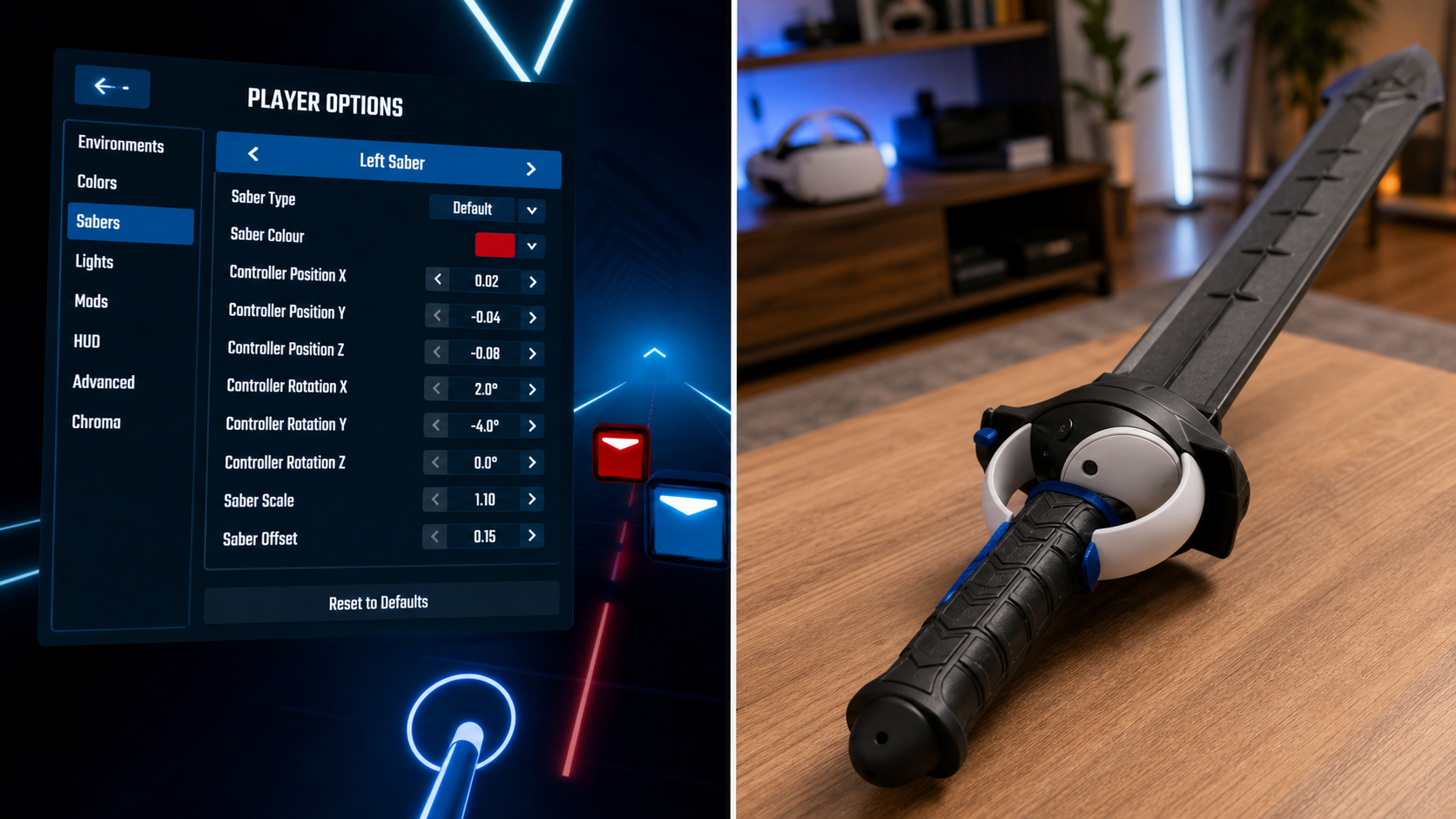 A split-screen image showing in-game controller angle settings in Beat Saber on one side and a physical VR sword on the other.
