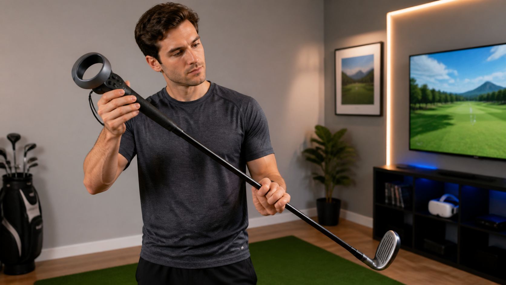 A person holding a Quest Pro controller mounted on a VR golf club attachment, assessing its feel and balance.