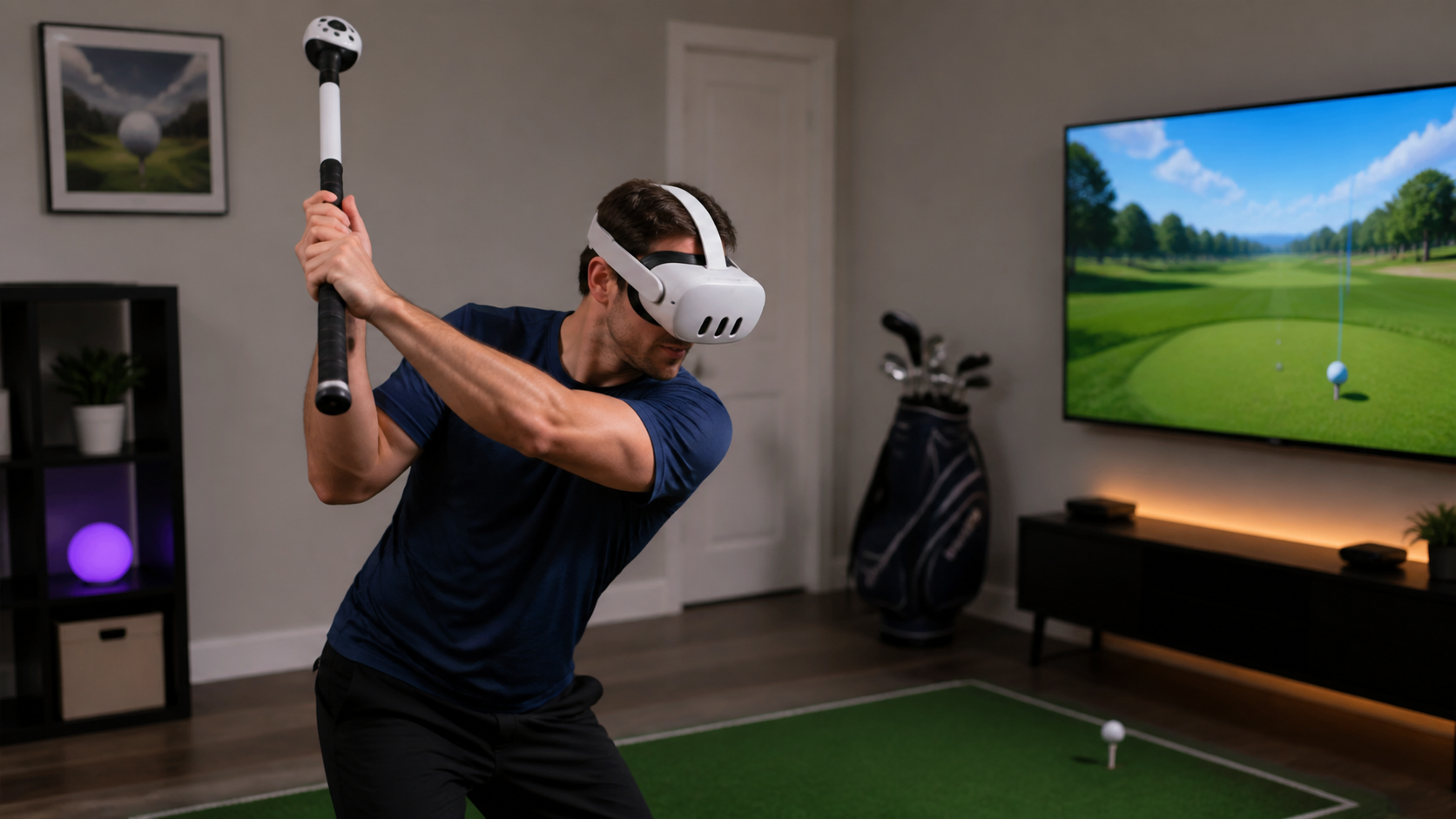 A player's hands firmly gripping a VR golf club attachment, captured mid-swing to show the motion and control.
