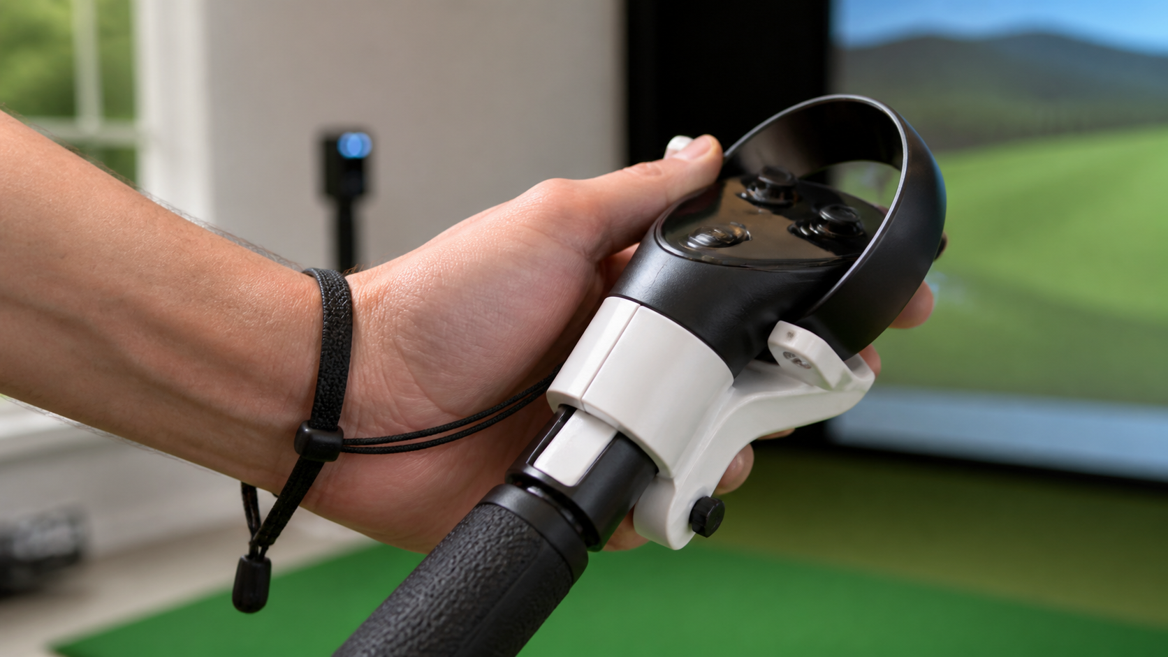 A close-up view of how a Quest Pro controller fits into a golf attachment, highlighting the strap and wrist area.