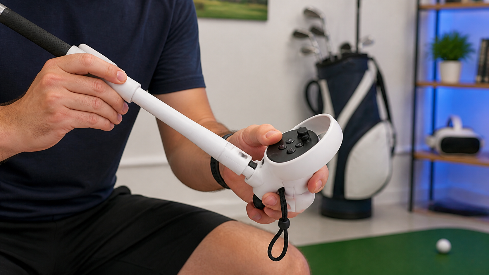 A person easily configuring the VR golf club attachment for a left-handed user with their Quest Pro controller.