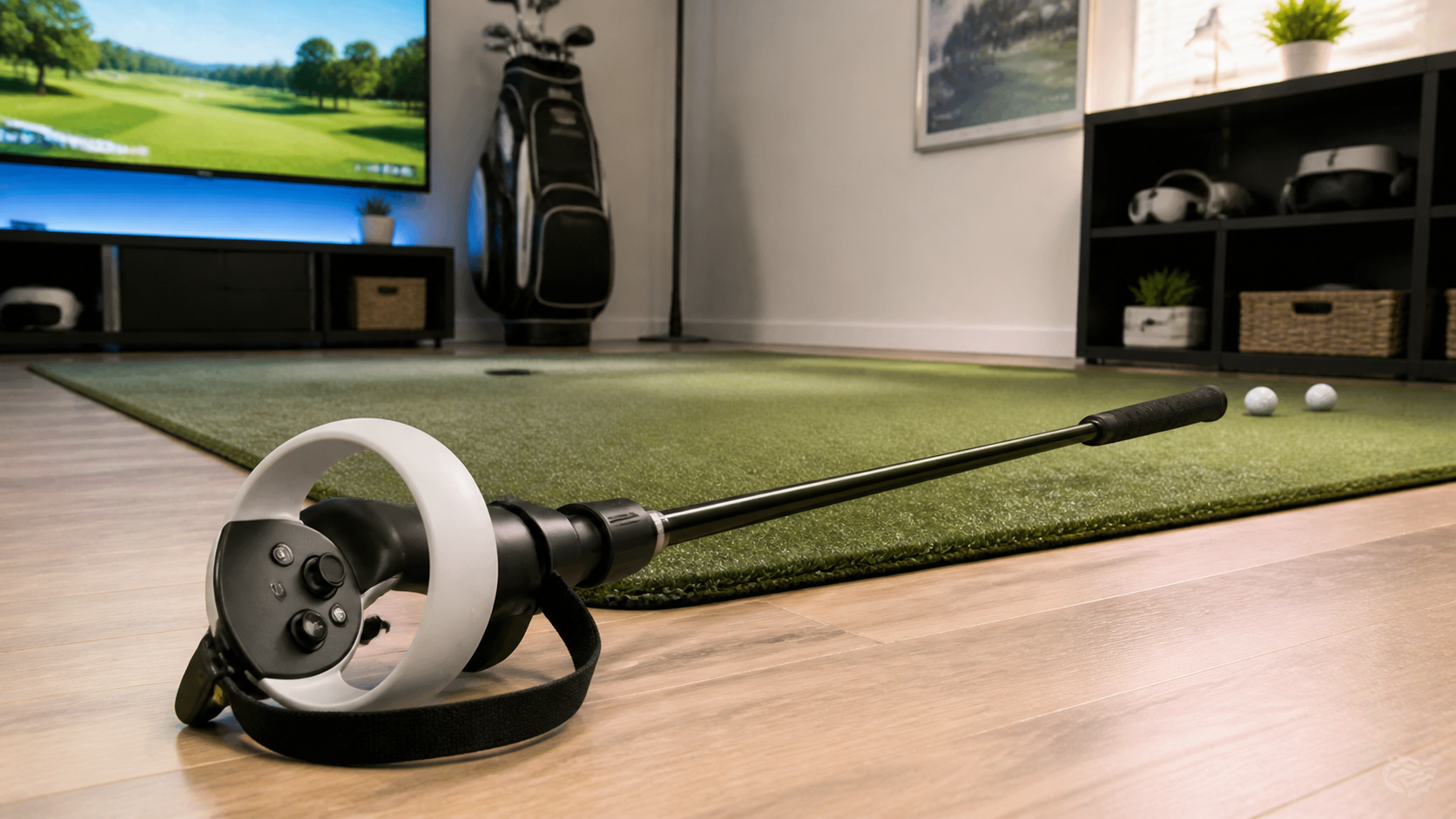 A VR golf club attachment with a Quest Pro controller rests ready for a game in a well-lit gaming space.