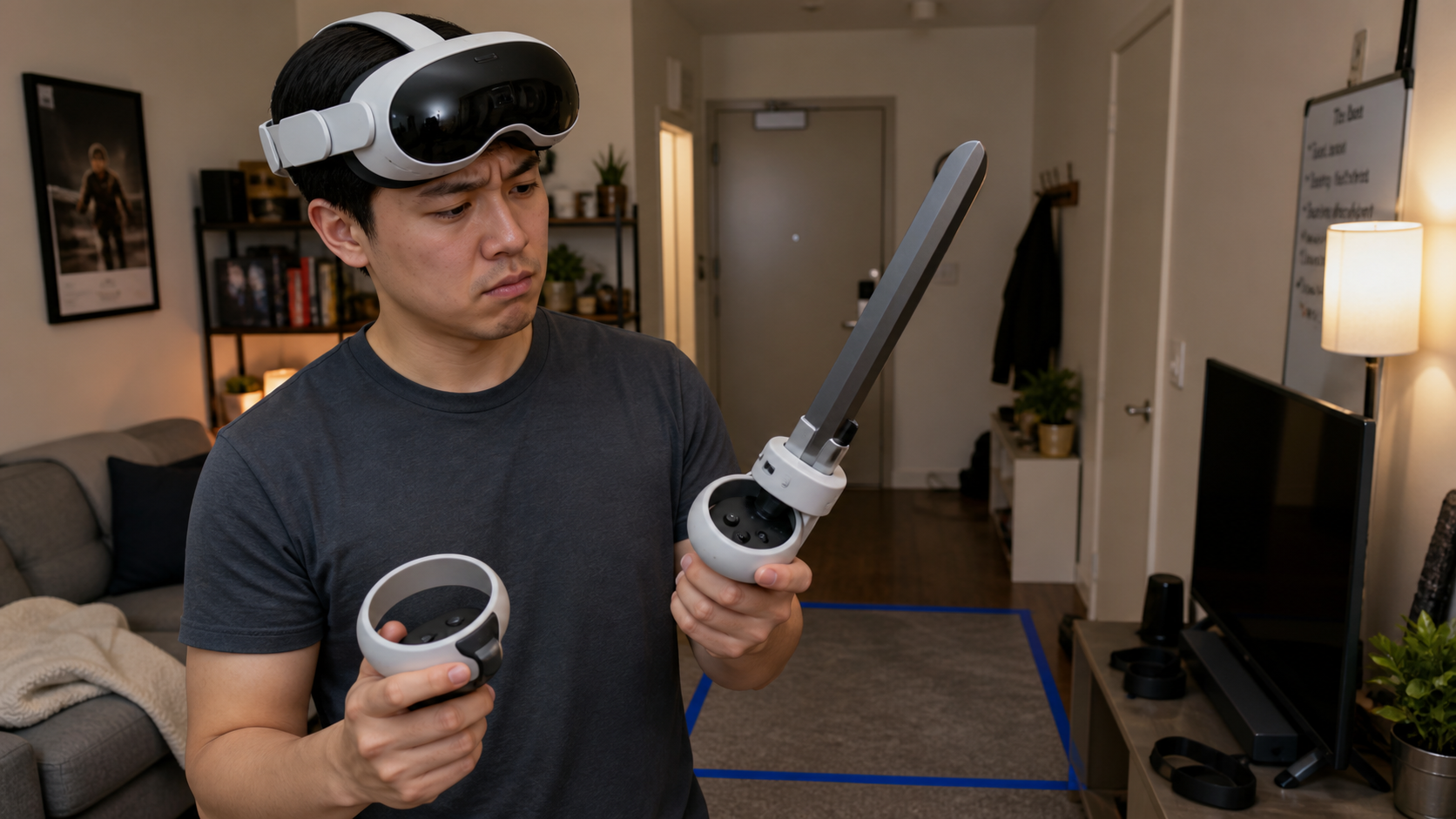 A Quest Pro user in a cramped living room examines a VR sword attachment on their controller with a look of concern.