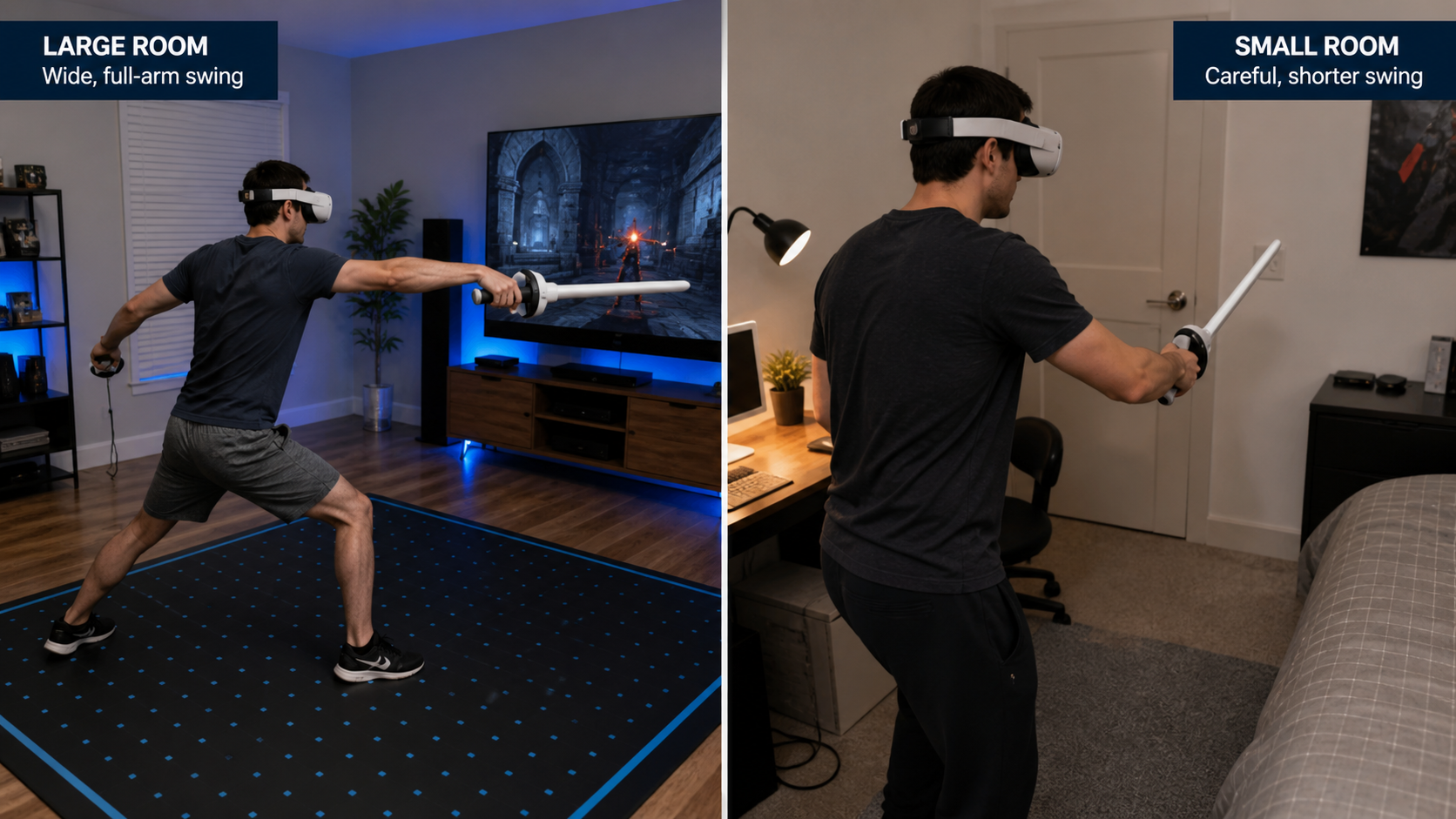 A split-screen view shows a VR player's wide swing in a large room versus a careful, shorter swing in a small room.