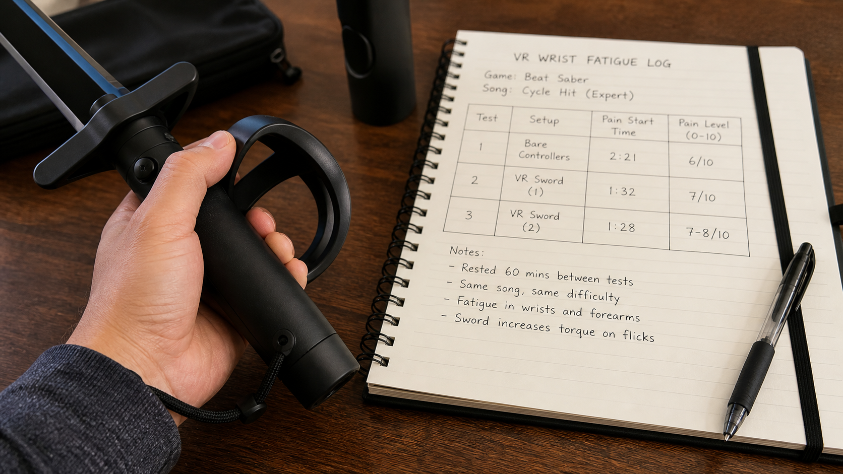 A hand holds a VR sword accessory with a notepad in the background displaying notes on wrist fatigue levels over time.