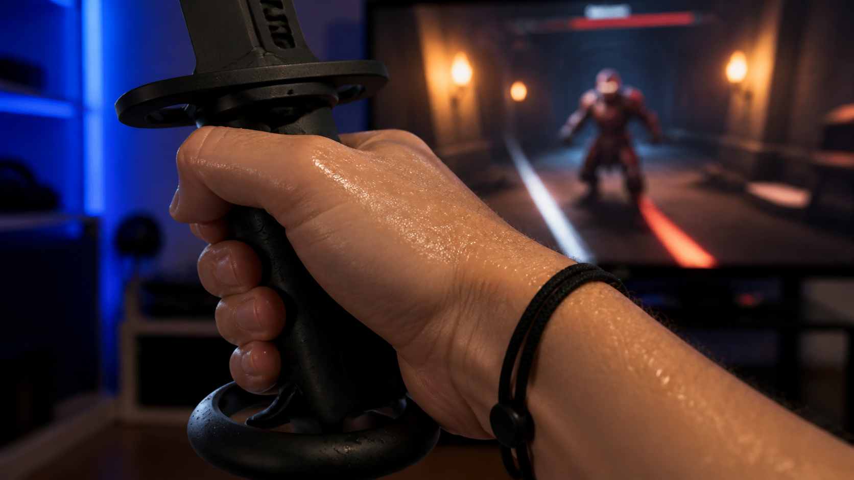 A close-up of a sweaty hand struggling to grip a VR sword accessory during an intense gaming session.