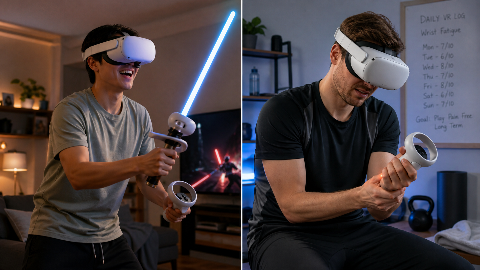 A split view comparing a casual VR player enjoying a game to a serious daily player concerned about wrist strain.