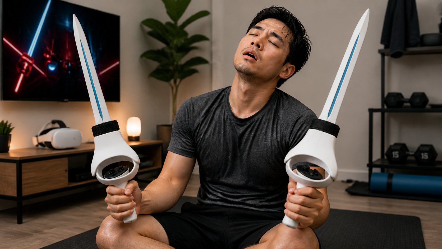 A person's hands holding Meta Quest 2 controllers with VR sword attachments looking tired after a fitness game