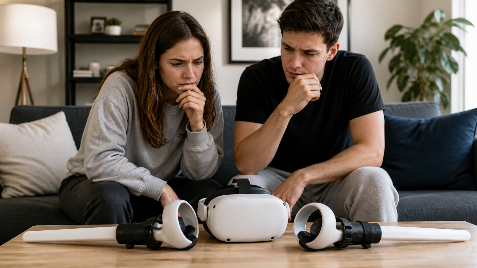 Two people looking at a single Meta Quest 2 headset with VR sword attachments resting on a coffee table