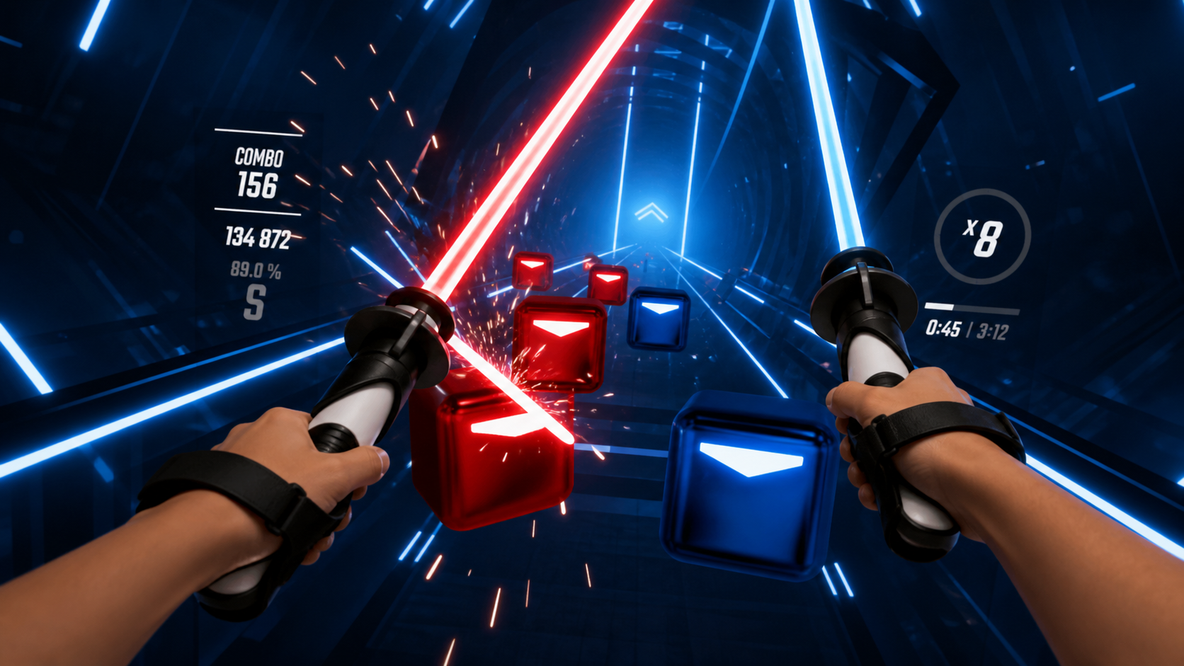 First-person view of swinging a VR sword controller during an intense moment in a rhythm fitness game