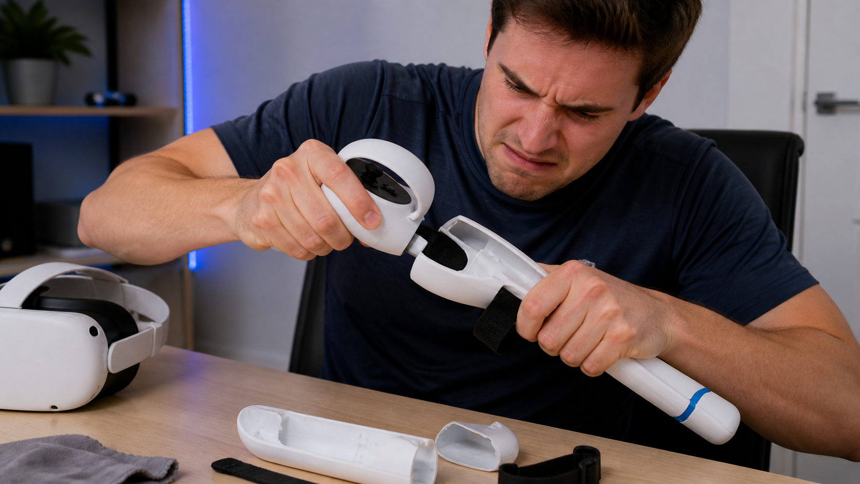 A person looking frustrated while trying to fit a Meta Quest 2 controller into a VR sword handle accessory