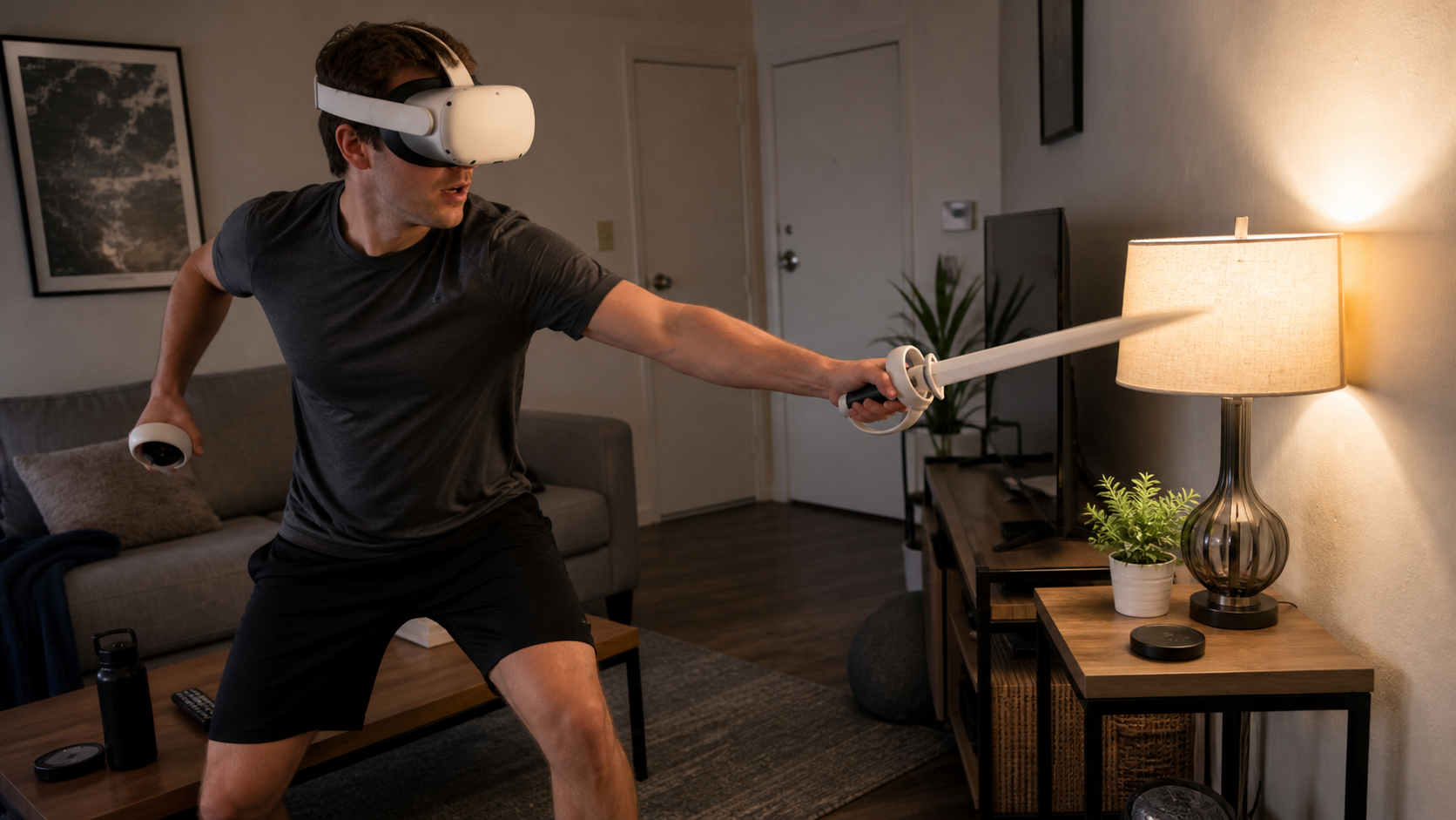 A VR player in a small living room, swinging a VR sword attachment and nearly hitting a lamp on a table