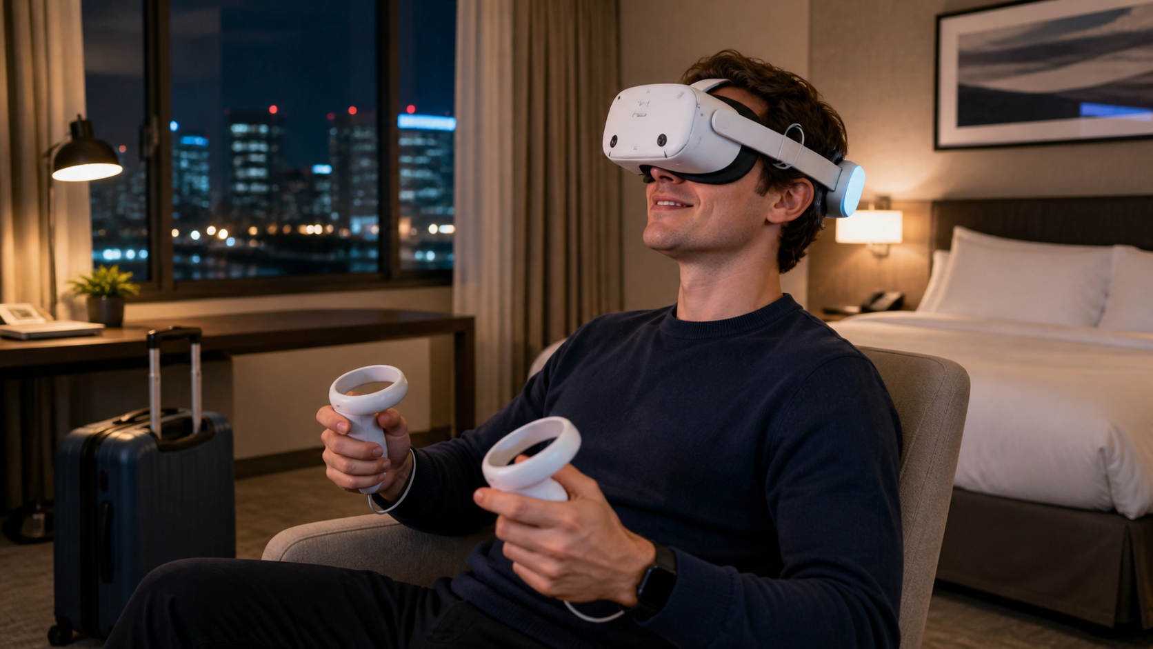 A traveler sitting comfortably in a hotel room, using a Quest 3S with an attached battery pack.