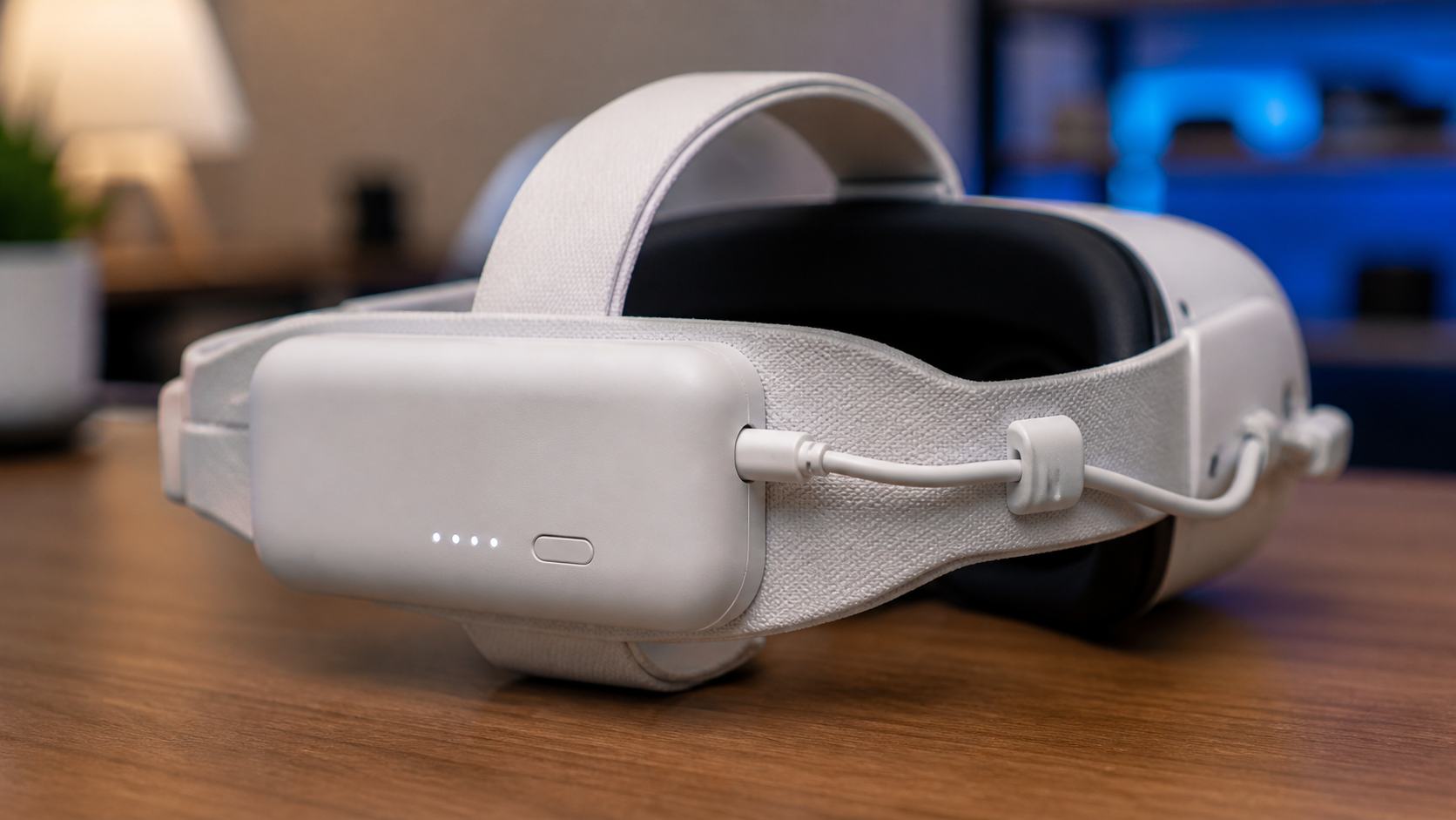 A close-up view of the back of a Quest 3S head strap with a neatly managed cable from a battery pack.