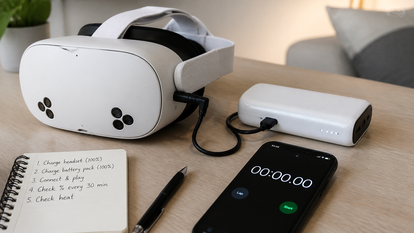 A simple setup on a table showing a Quest 3S headset, a battery pack, and a phone with a stopwatch app.