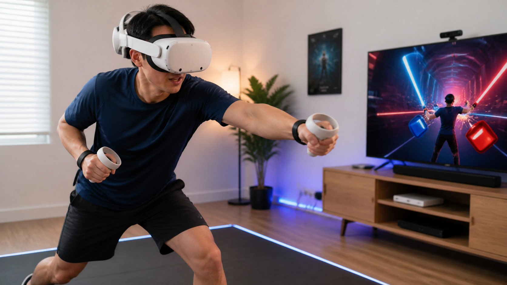 A user playing an active VR fitness game while wearing a battery head strap, demonstrating its stability in motion.