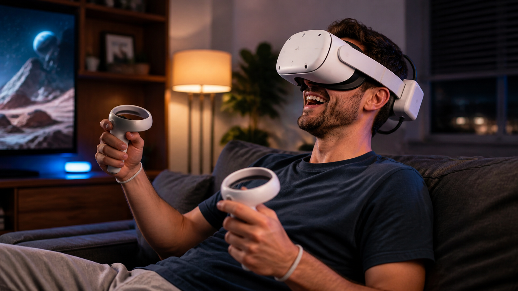 A person smiling, deeply immersed in a VR world in their living room, wearing a headset with a battery pack.