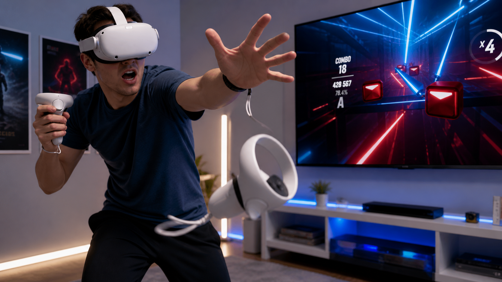 A person's hand losing its grip on a Meta Quest 2 controller during an intense Beat Saber song