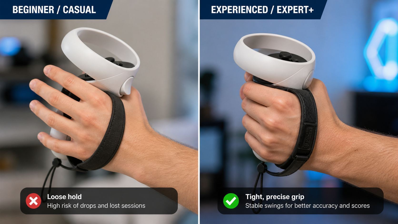 A side-by-side view of a beginner's loose hold versus an expert's tight, precise grip on a controller