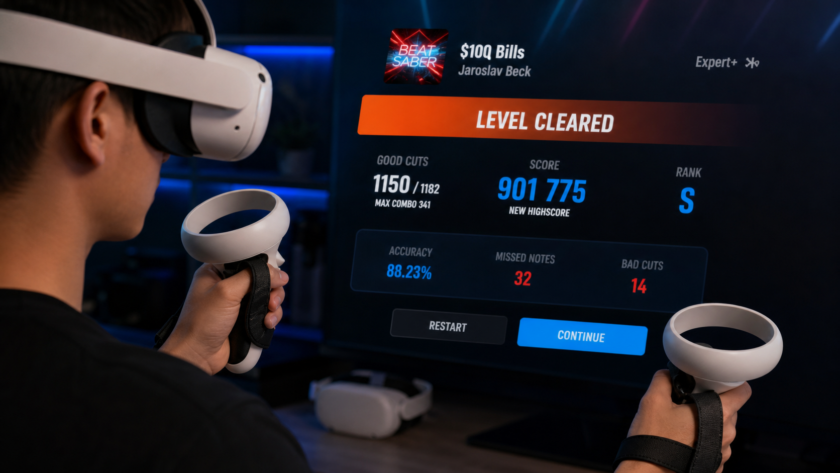 A player looking closely at the Beat Saber score screen showing accuracy and missed block metrics