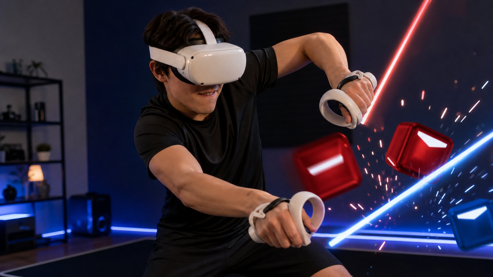 A focused player mid-swing in a complex Beat Saber Expert+ map, showing the need for a stable grip