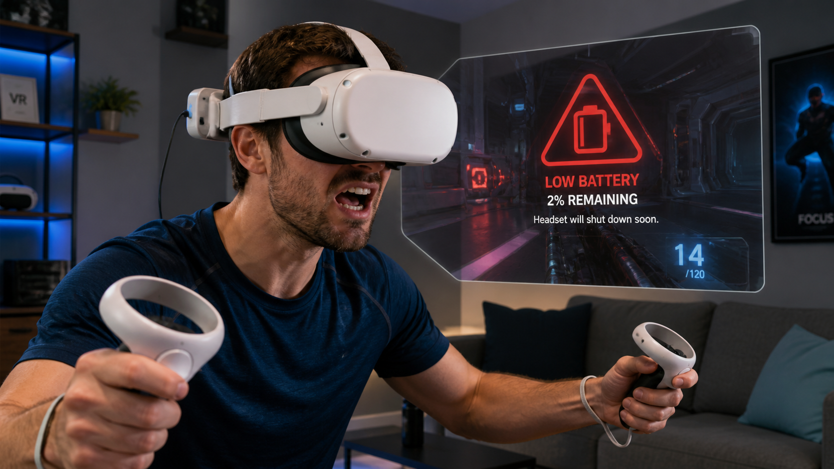 A VR user wearing a headset looks frustrated as a low battery warning flashes in their view during a game.
