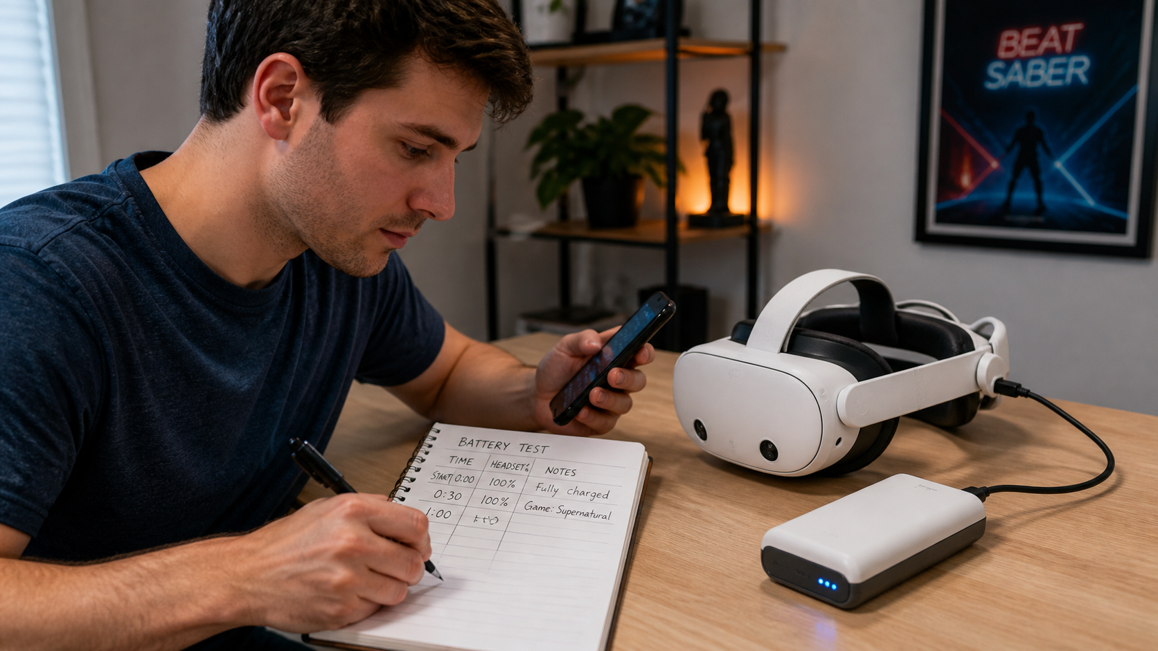 A person sits at a simple desk with a Quest headset, a battery pack, and a notepad, tracking battery life.