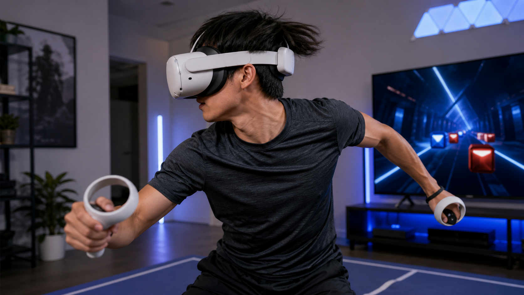 A VR player in a fast-action game moves their head quickly while the battery head strap remains perfectly stable.
