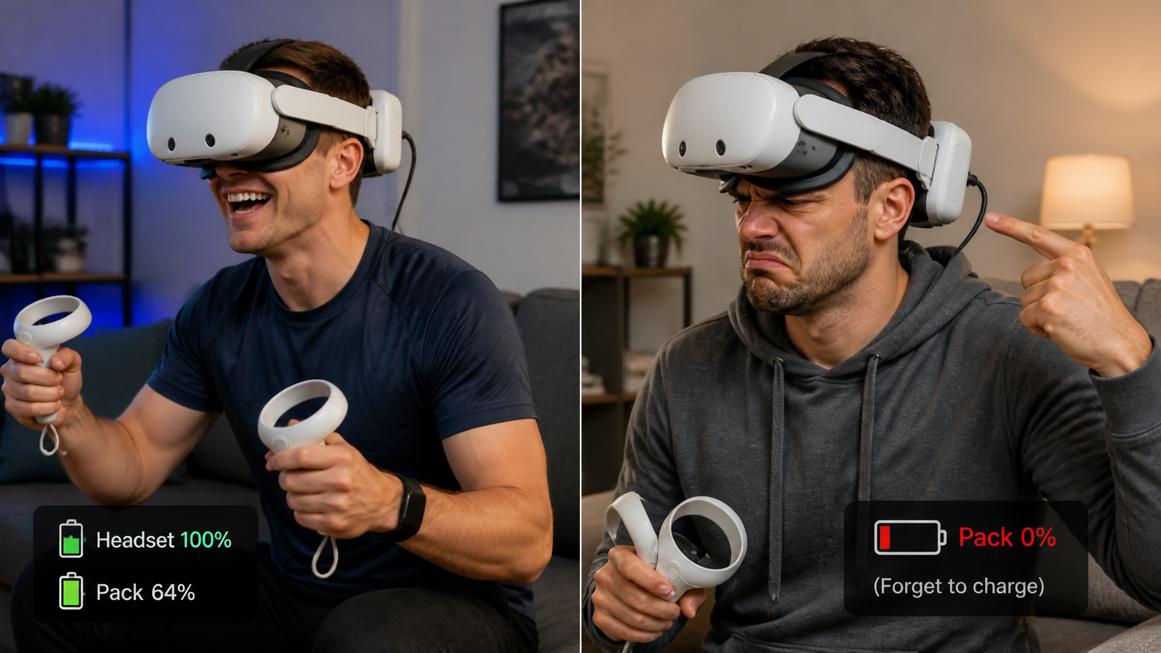 A split image shows a happy user after a long VR session and a frustrated user pointing at a dead battery pack.