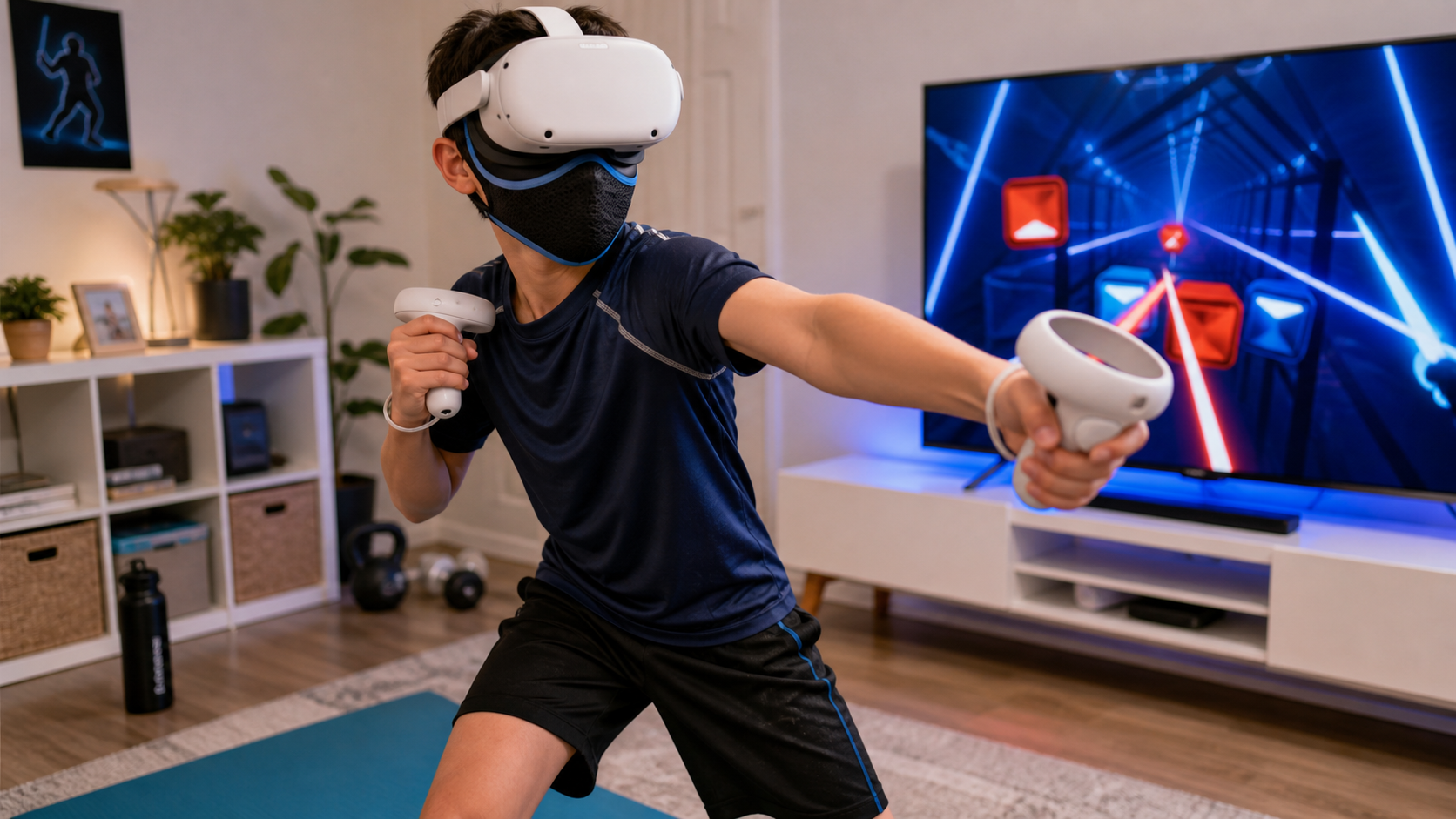 A child wearing a VR sweat mask and headset, actively playing a fitness game at home.