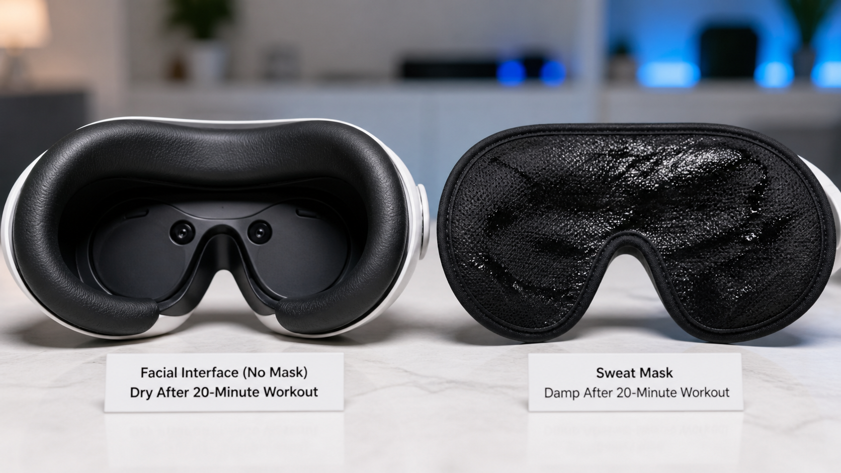 A side-by-side comparison of a dry VR facial interface and a visibly damp sweat mask after a workout.