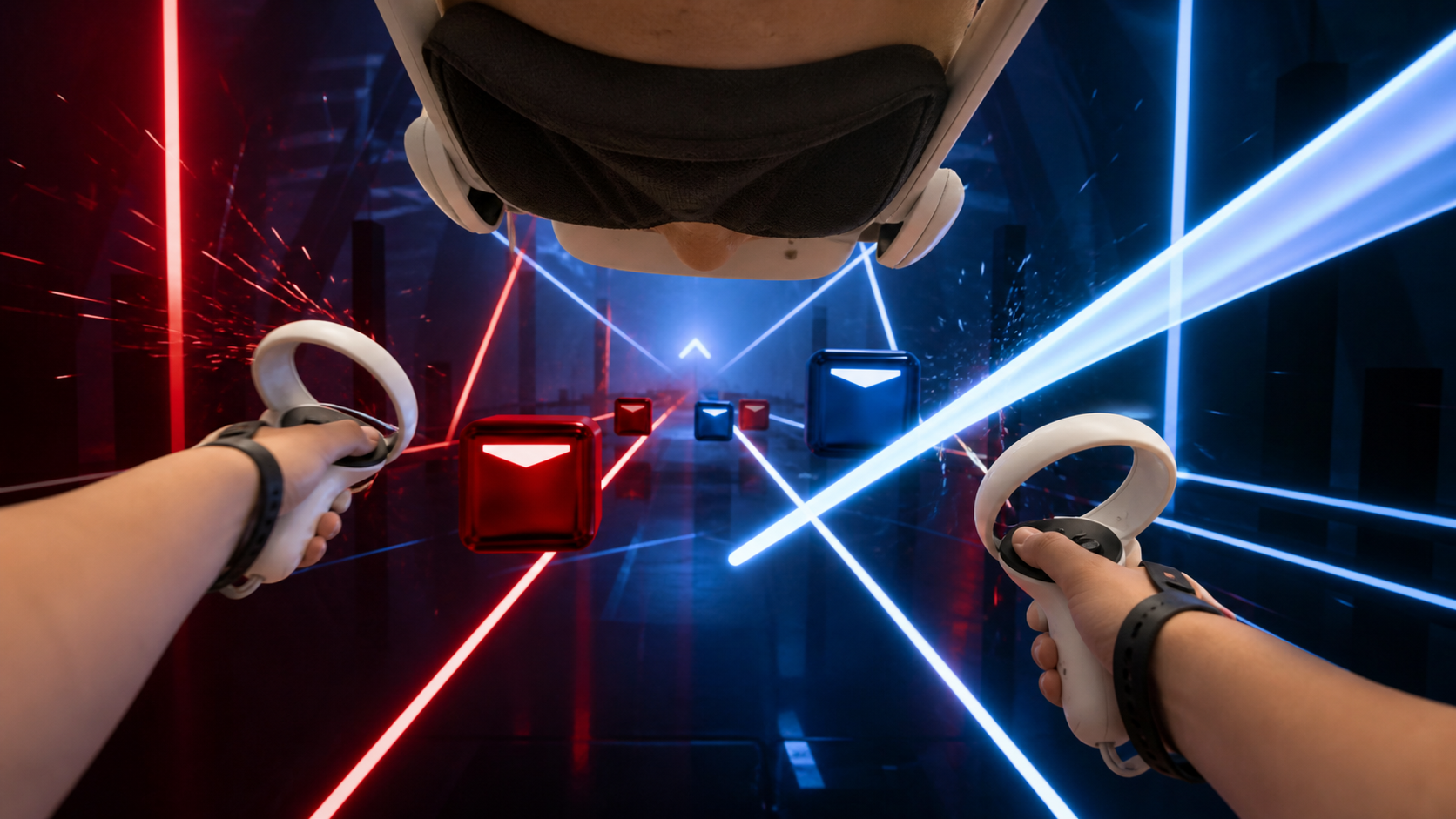 First-person view from a VR rhythm game showing hands with controllers hitting blocks, with a sweat mask visible.