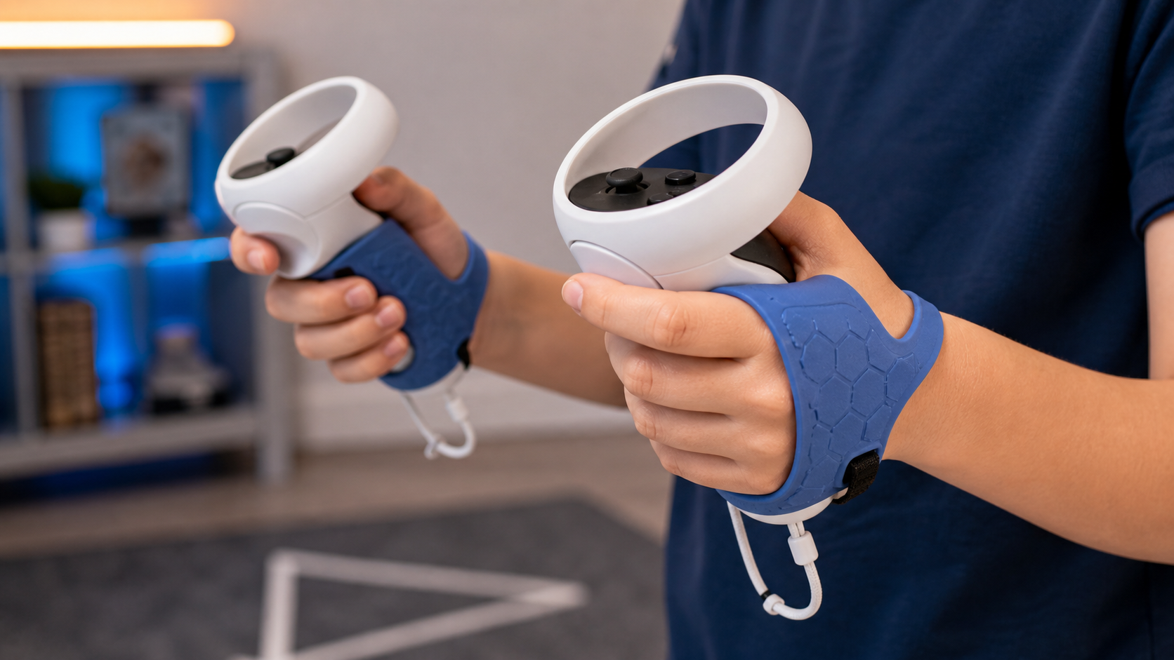 A child's hands holding VR controllers with custom silicone grip covers to improve comfort and fit.