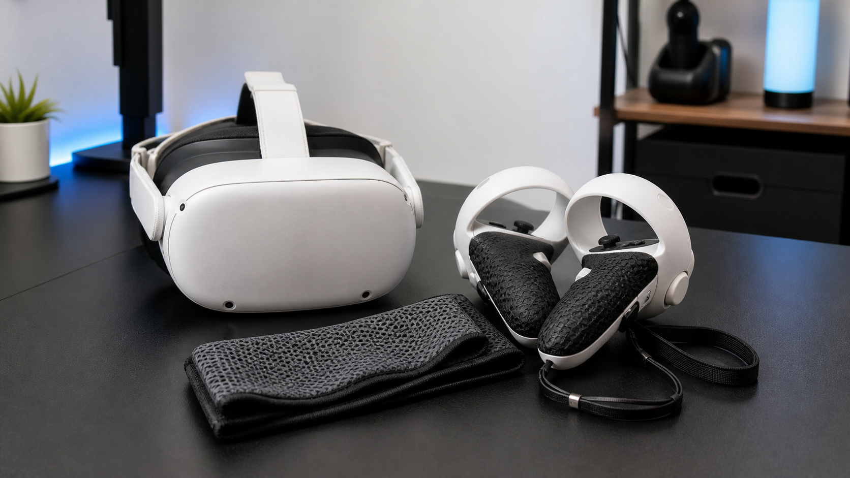 A clean VR gaming station with a headset, controllers with grips, and a neatly folded sweat mask.
