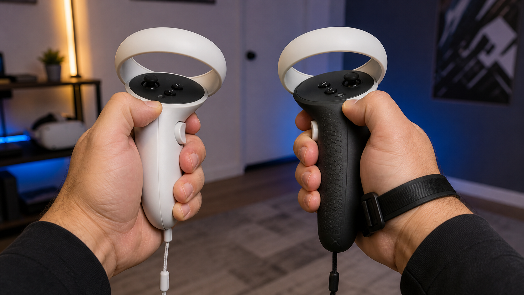 A person with large hands holding a standard VR controller and one with a silicone grip side-by-side for comparison