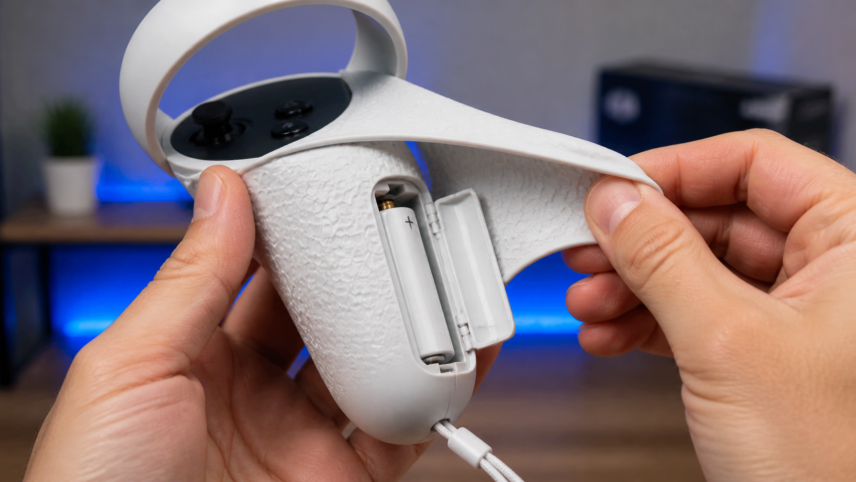 A close-up view of a VR controller with its silicone grip partially peeled back to reveal the open battery door