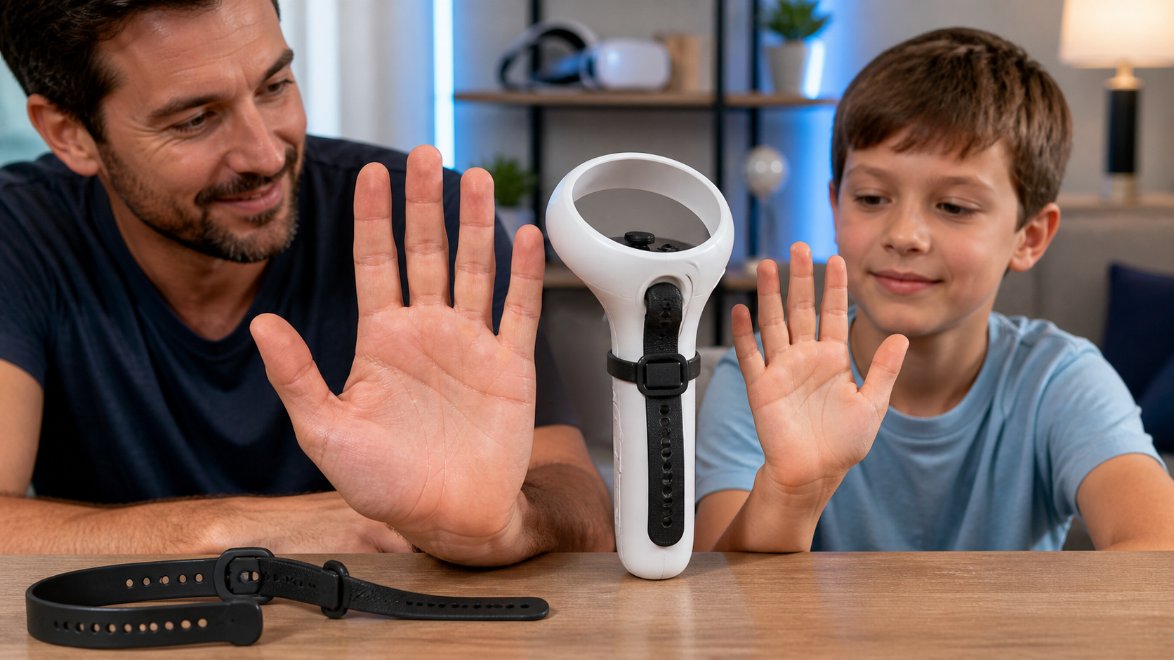 A child and an adult comparing their different hand sizes against a single VR controller that has an adjustable grip strap