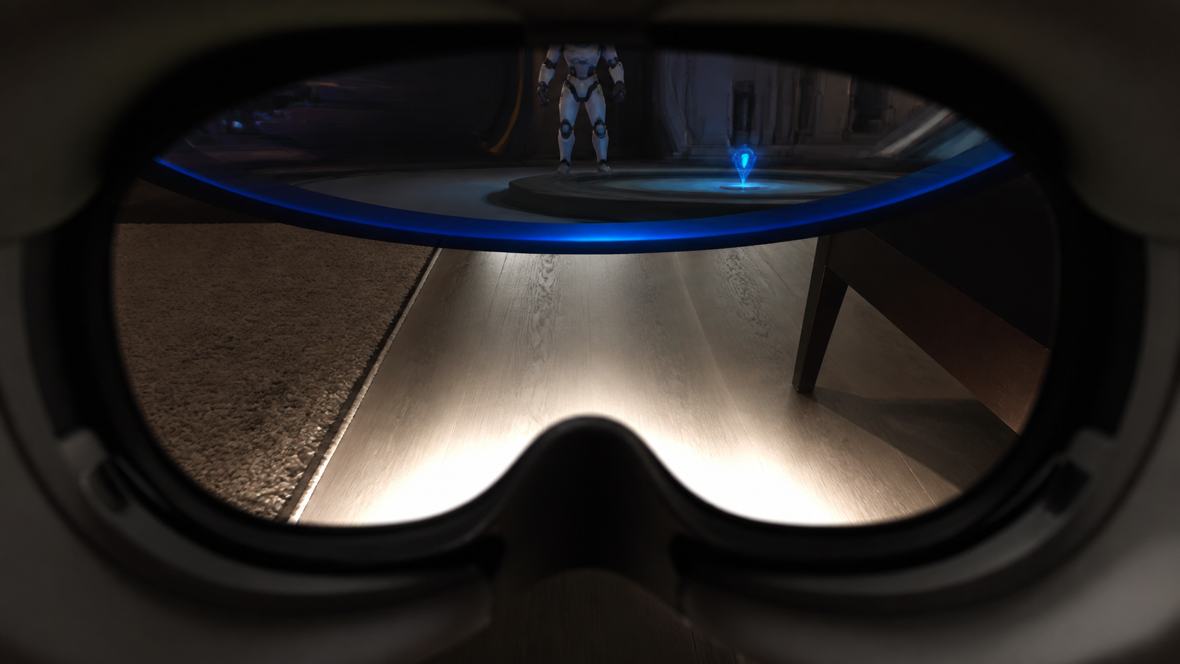 A first-person perspective showing the view from inside a Quest 3 with an open interface, with light leak illuminating the floor and a nearby table leg.