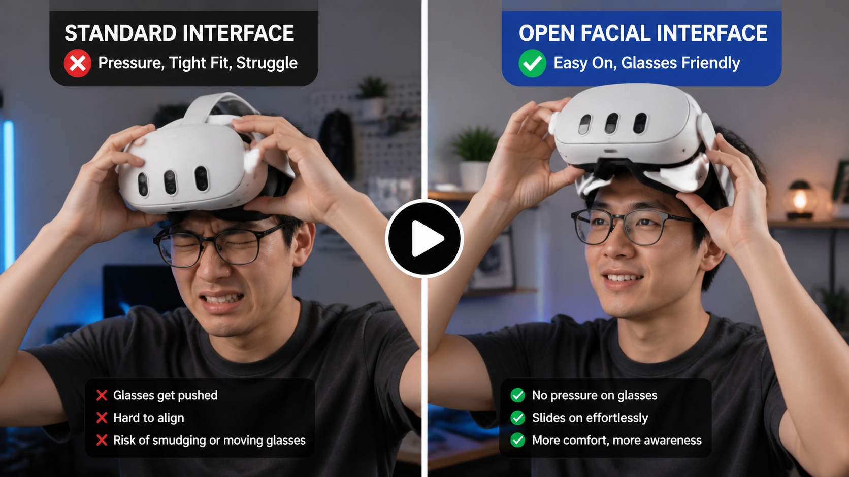 A split-screen comparison video concept showing a user struggling to put on a headset with a standard interface versus easily putting it on with an open interface.