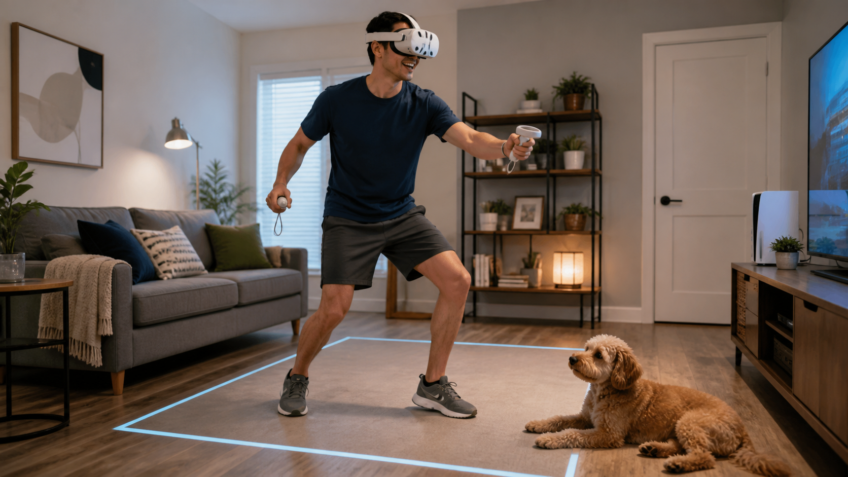 A VR user in a small living room safely playing a game, with the open facial interface allowing them to see the floor and avoid a nearby pet.