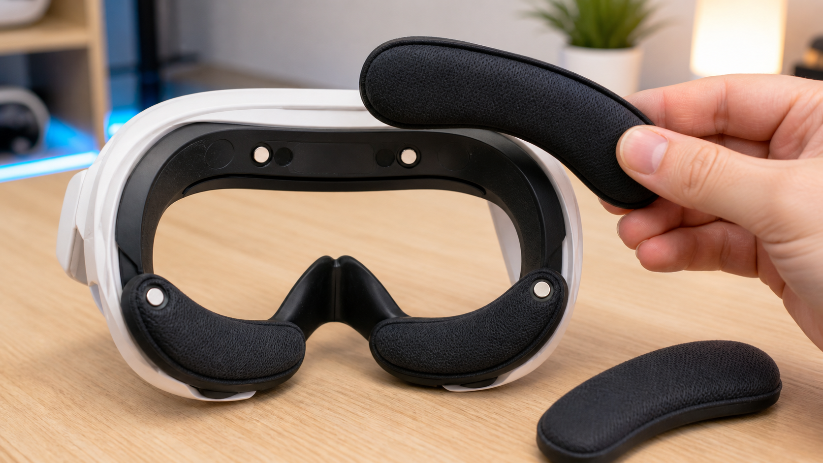 A close-up shot of the Open Facial Interface for Quest 3 with a hand demonstrating how easily the magnetic pads can be swapped out for cleaning or replacement.