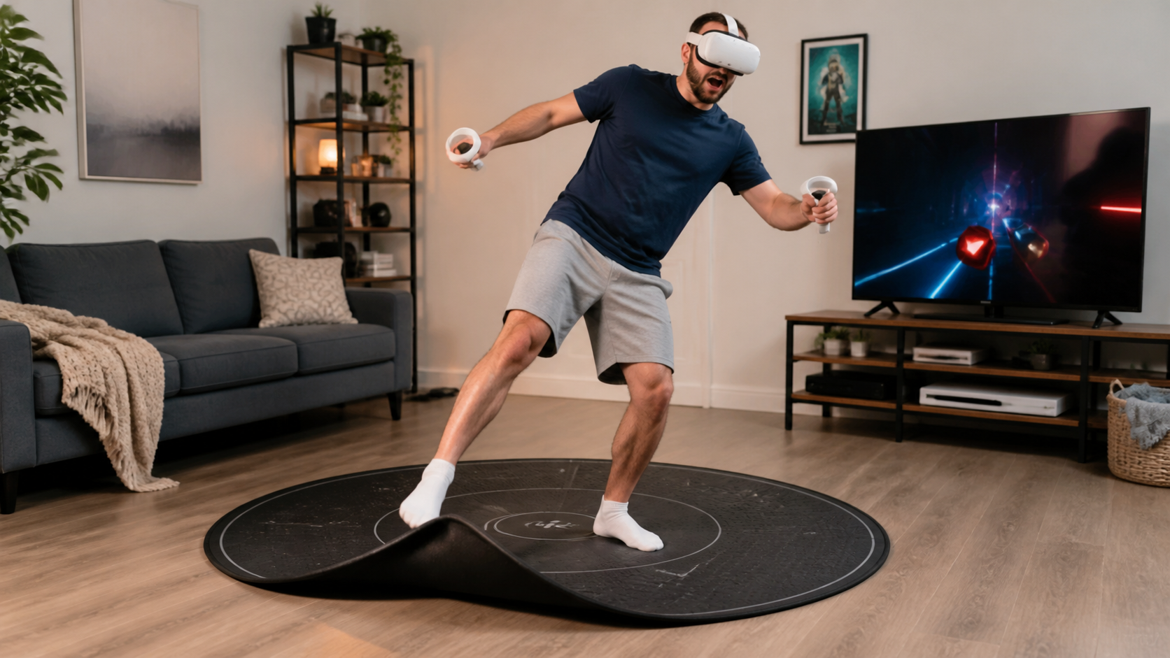 A VR gamer's foot catching the curled edge of a round VR mat in a living room space