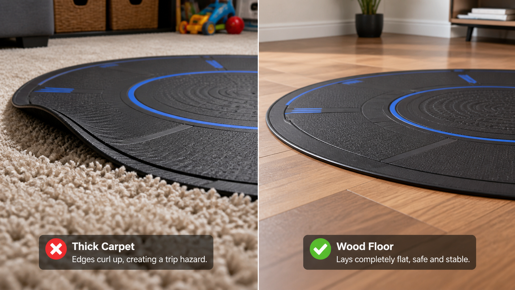 A split view showing a VR mat with curled edges on thick carpet versus lying perfectly flat on a wood floor