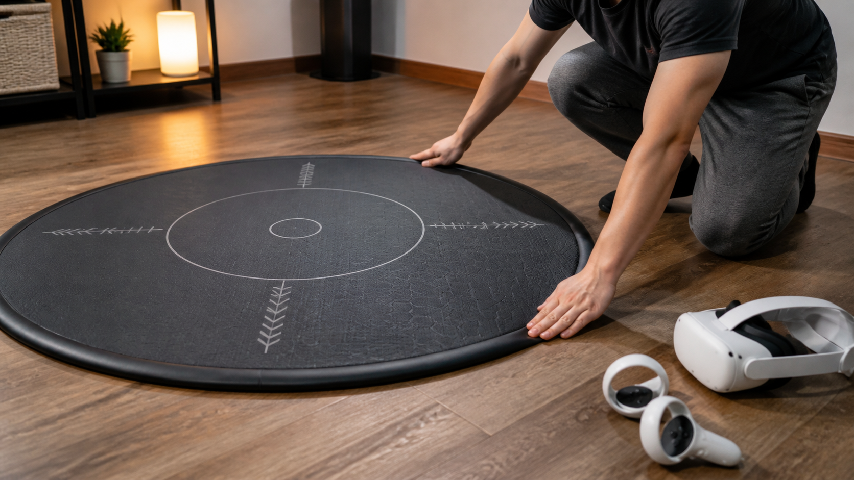 A person setting up a VR playspace, pressing down the edges of a mat on a wood floor