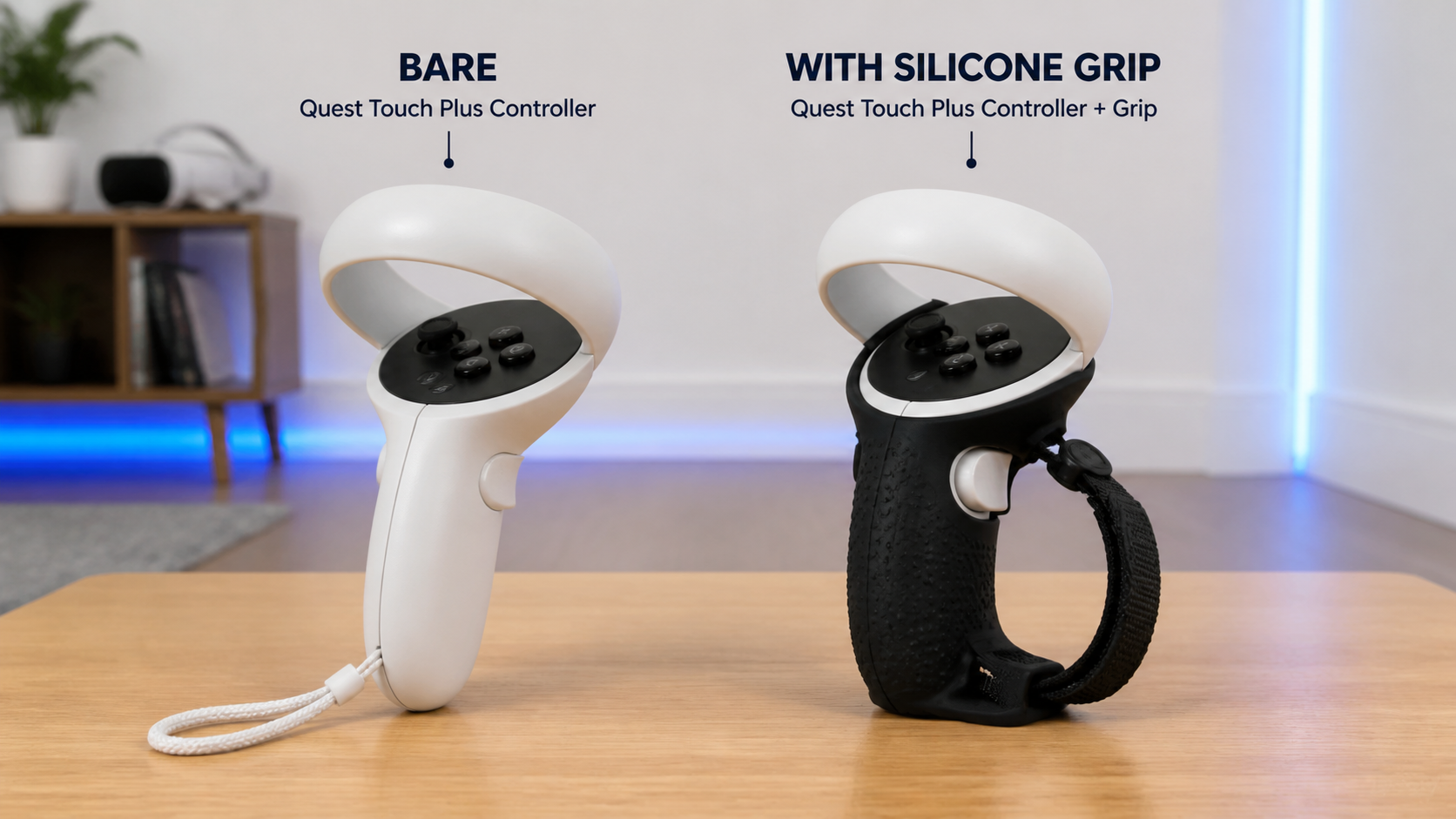 A side-by-side comparison of a bare Quest Touch Plus controller and one with a silicone grip