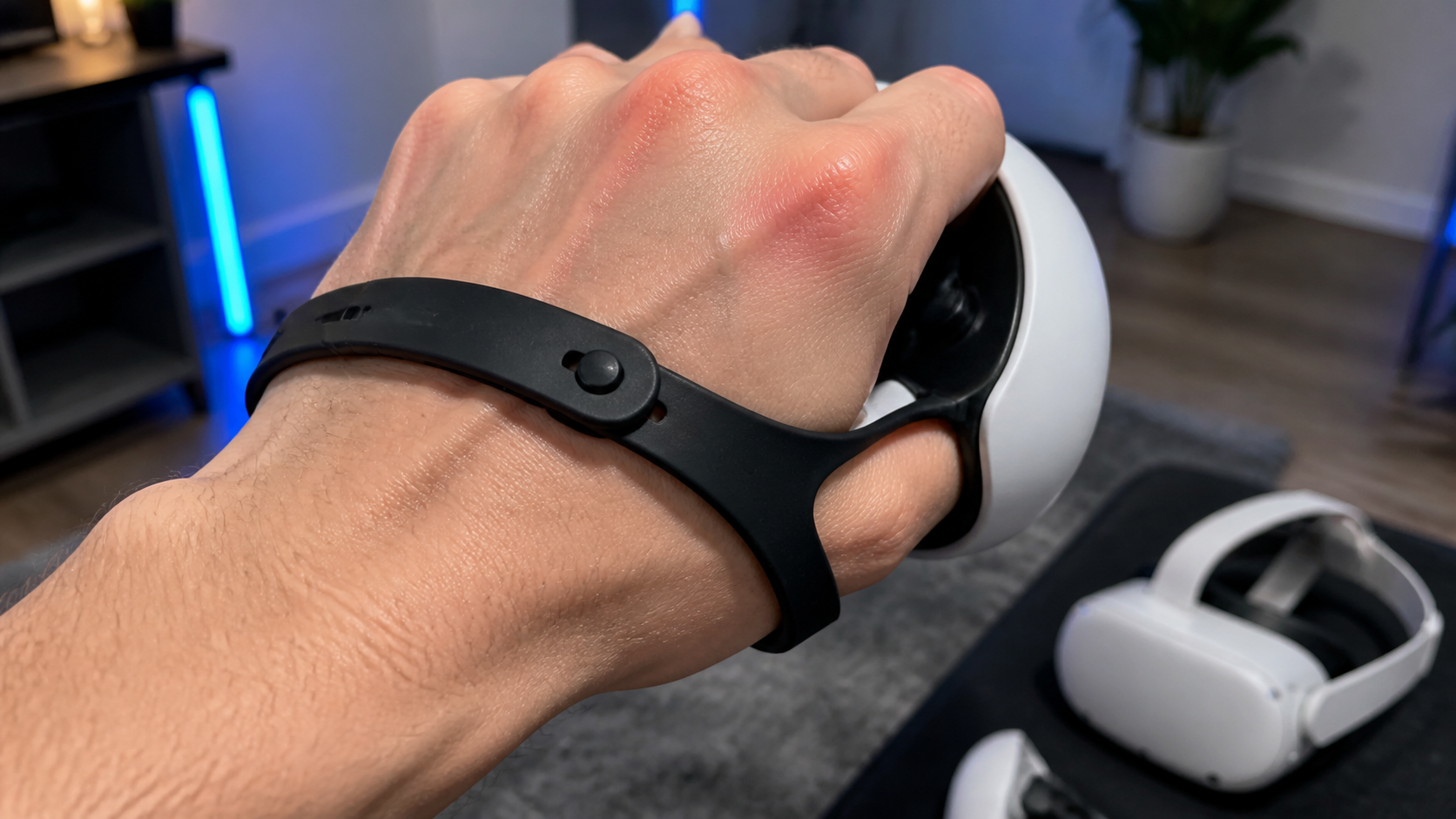 A person's hand showing slight redness on the knuckles after a long VR session with controller grips