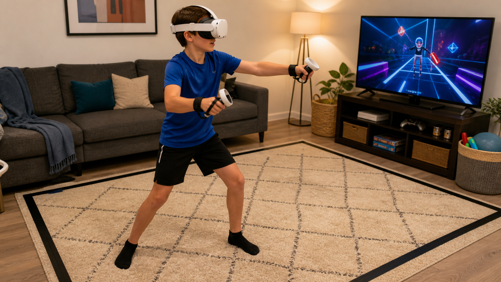 A child safely playing an active VR game in the living room using controllers with knuckle straps