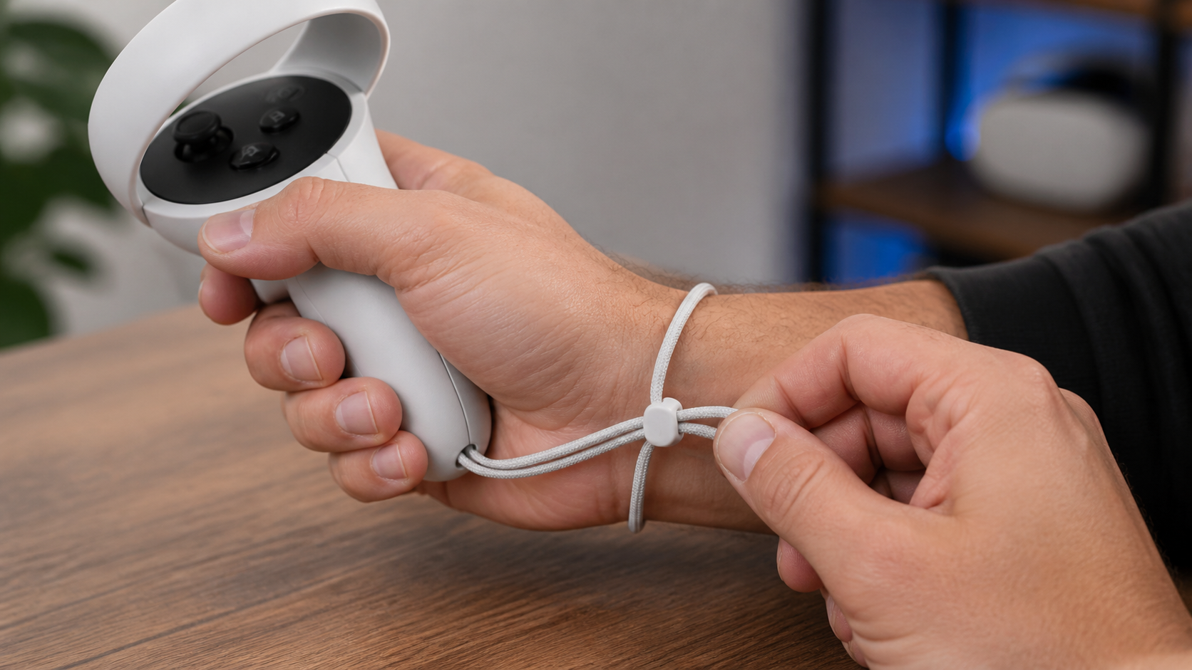 A close-up of a person's hands tightening the default wrist strap on a Quest controller for better security